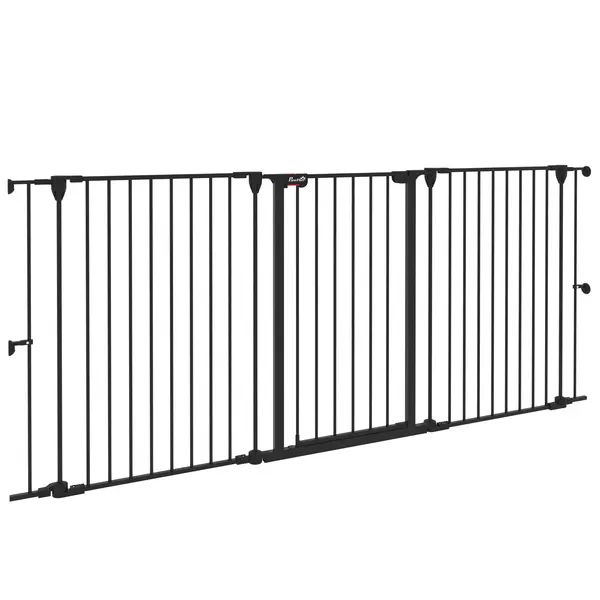 PawHut Poartă pentru Câini cu 3 Panouri și Sistem Dublu de Închidere, Barieră pentru Câini pentru Scări, Uși, Holuri, 206x90 cm, Negru | Aosom Romania