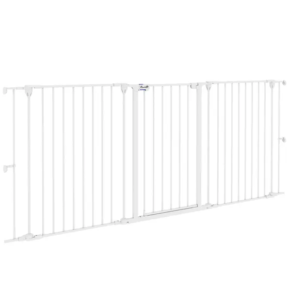 PawHut Poartă pentru Câini cu 3 Panouri și Sistem Dublu de Închidere, Barieră pentru Câini pentru Scări, Uși, Holuri, 206x90 cm, Alb | Aosom Romania