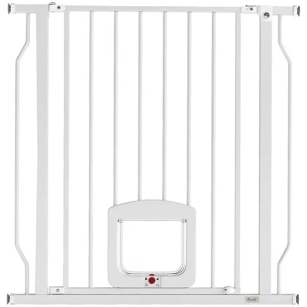 PawHut Poartă pentru Câini și Pisici Extensibilă cu Ușă Integrată, Poartă din Oțel și ABS, 75-85x2x76 cm, Alb | Aosom Romania