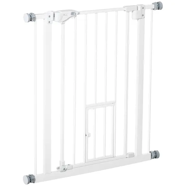 PawHut Poartă Reglabilă pentru Câini cu Ușă și Montare prin Presiune, Barieră cu Închidere Automată, 74-80x76.2 cm, Alb | Aosom Romania
