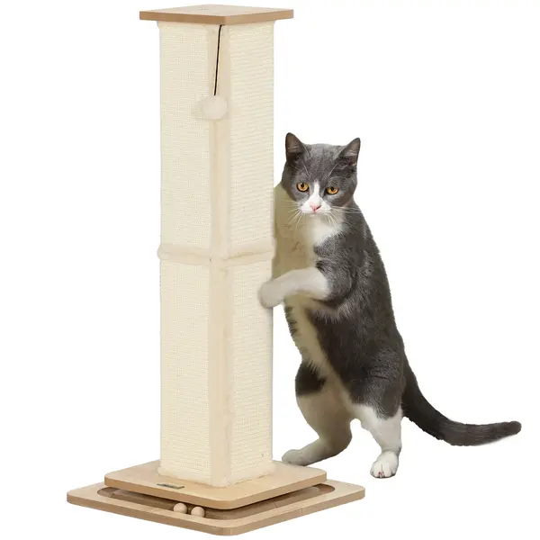 PawHut Pom de Teren 3-în-1 cu Buclă de Jucărie, Jucărie, Sisal, până la 10 kg, 39,5 x 39,5 x 87 cm, Stejar/Crem | Aosom Romania