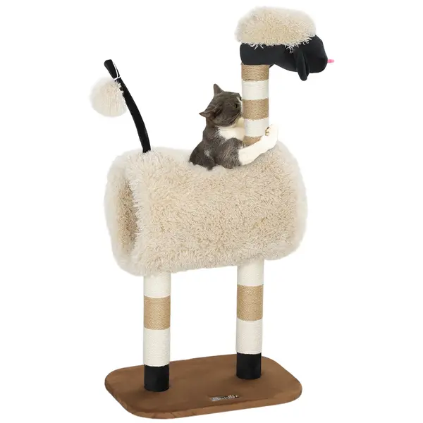 PawHut Pom de zgâriat în design de oi, cu poste de zgâriat, tunel și jucărie, 98 cm, maro deschis | Aosom Romania