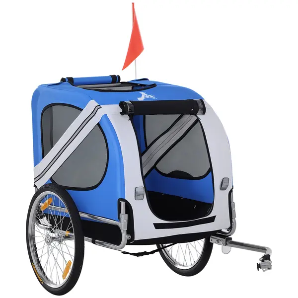 PawHut Remorcă bicicletă pentru câine animale 8 reflectoare steag bară de remorcare inclus 130 x 73 x 90 cm alb și albastru | Aosom Romania