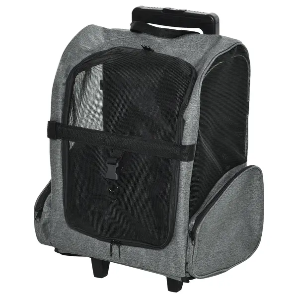 PawHut Rucsac 2 în 1 pentru Câini și Pisici cu Buzunare Laterale, Mâner Telescopic și Roți, 42x25x55 cm, Gri | Aosom Romania