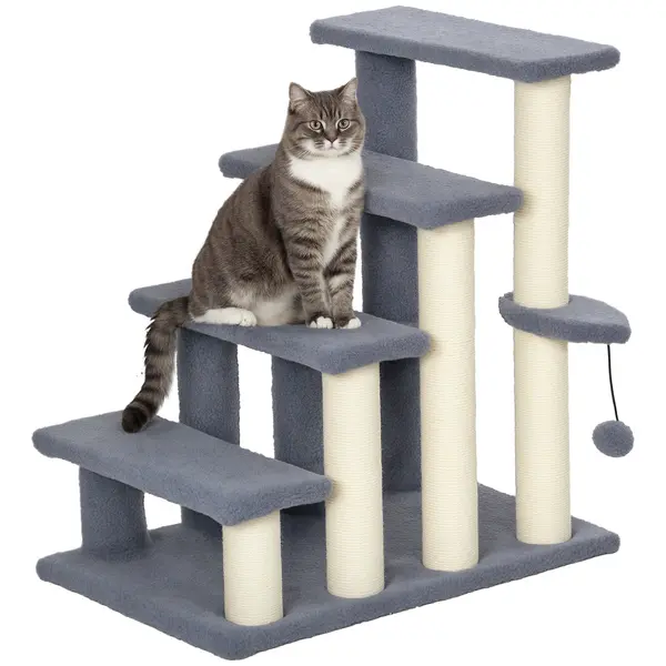 PawHut Scara pentru Pisici de 4 Nivele Acoperit cu Franela Stalp de Zgarci Bola Agatatoare 60x40x64 cm Gri | Aosom Romania