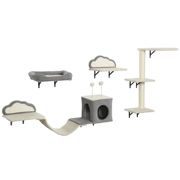 PawHut Set copac de zgâriere montat pe perete, suprafețe de zgâriere din sisal, 4 piese, pentru 1-3 pisici, Bej | Aosom Romania