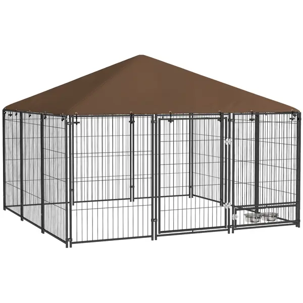 PawHut Tarc Câini din Metal cu Ușă pentru Bol, Padoc caine pentru Exterior cu Acoperiș din țesătură Oxford, 211x211x151 cm, Negru | Aosom Romania