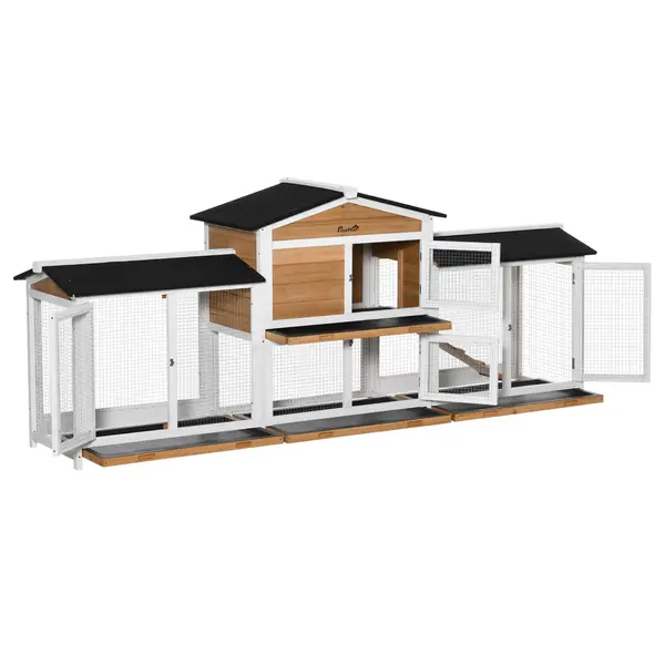 PawHut Tarc pentru Animale Mici cu Spatiu de Joaca Inclusiv Rampa Acoperis din Asfalt Brad Negru + Alb + Natur | Aosom Romania