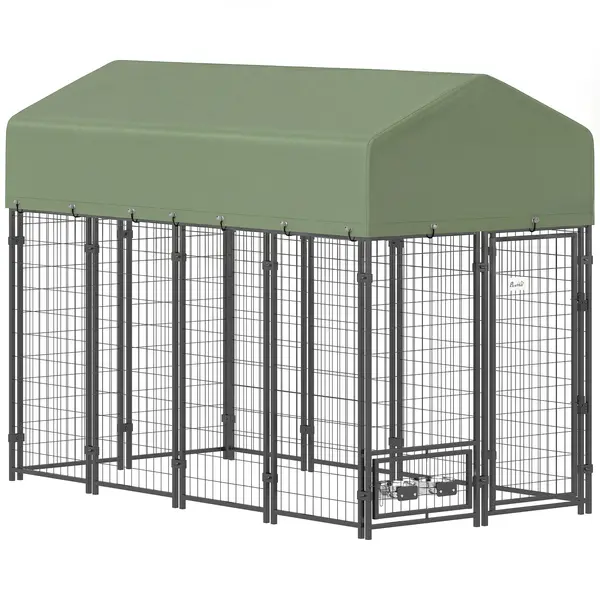 PawHut Țarc pentru Câini de Exterior din Oțel cu Acoperiș din Material Oxford, Anti-UV, Impermeabil, 2 Boluri, Verde | Aosom Romania
