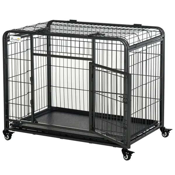 PawHut Tarc pentru caini pliabil, ușă dublă cu blocare 4 roți cu frână și fund detașabil, 109.5x71x78cm, Negru | Aosom Romania