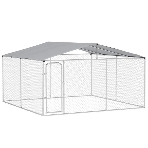 PawHut Țarc pentru Câini Talie Medie, Metal Galvanizat, Acoperiș Oxford, Ușă cu Zăvor, 400x230x232 cm, Argintiu | Aosom Romania