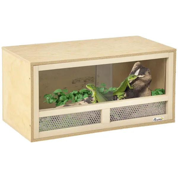 PawHut Terariu din Lemn pentru Reptile cu Uși Glisante din Sticlă și Panouri din Plasă, 60x29.5x29.5 cm, Lemn Natural | Aosom Romania
