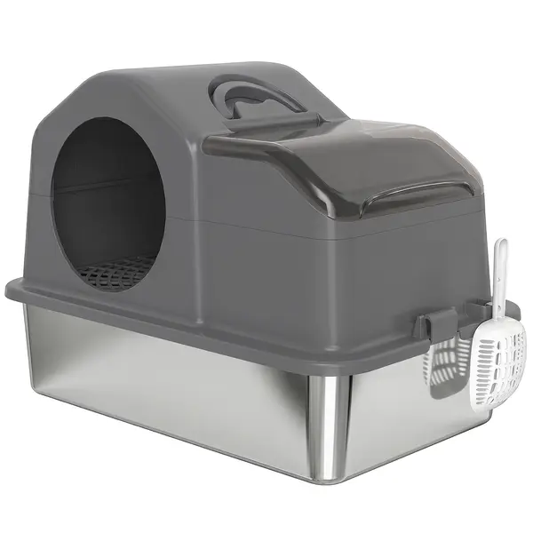 PawHut Toaletă pentru pisici cu capac detașabil și închis, laterale înalte, 60,5x40,5x45cm, Gri închis | Aosom Romania
