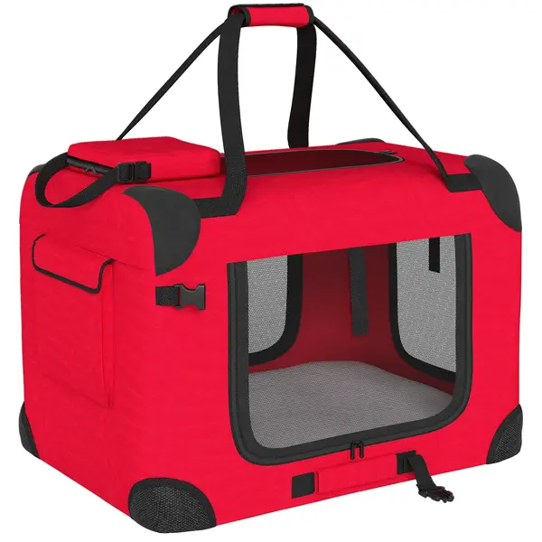 PawHut Transportin pliabil pentru câini 60x41,5x41 cm cu ferestre din plasă, pernă moale și 2 mânere pentru câini mici și pisici Roșu | Aosom Romania