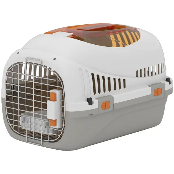 PawHut Transportor pentru Pisici și Câini Mici din Plastic, cu Fereastră Superioară, Ușă din Oțel, Bol pentru Hrană, pentru Animale max 4 kg, 49x32x31 cm, Gri | Aosom Romania