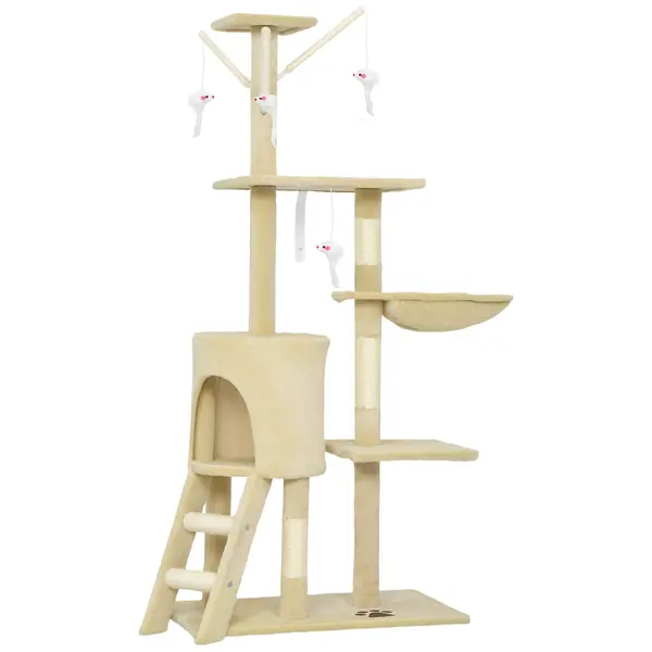 PawHut Turelă pentru pisici cu căsuță, stâlp de ascuțit gheare, platforme și 4 șoricei, din lemn, pluș și sisal, 50x35x134.2 cm, gri | Aosom Romania