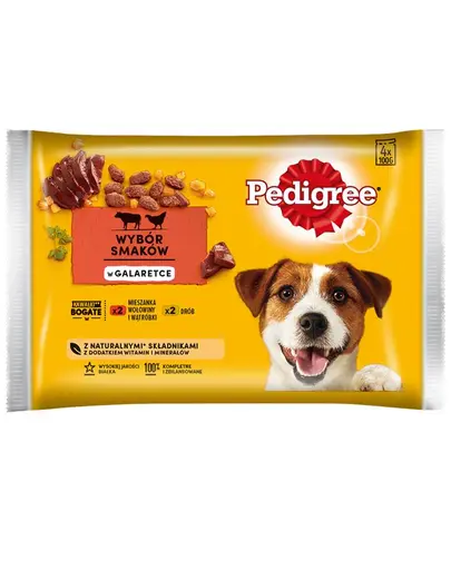 PEDIGREE Hrana umeda pentru caini cu vita, ficat si pasare in aspic 4x100 g