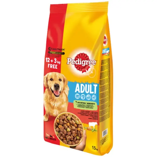 Pedigree hrana uscata cu vita si legume pentru caini adulti 12 + 3kg Gratuit