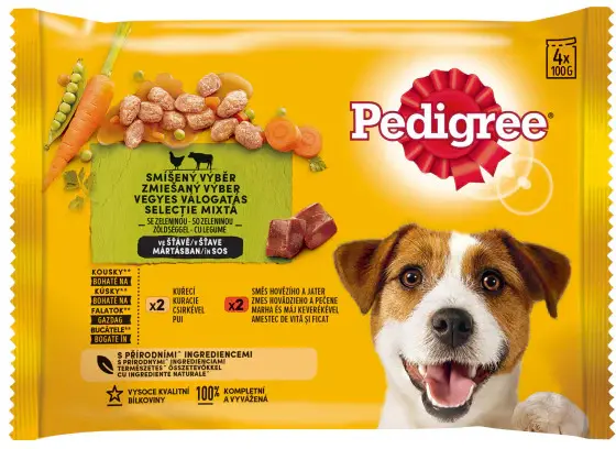 PEDIGREE Pachet plicuri pentru câini Adulţi, cu Pui, Vită şi Legume 4x100g