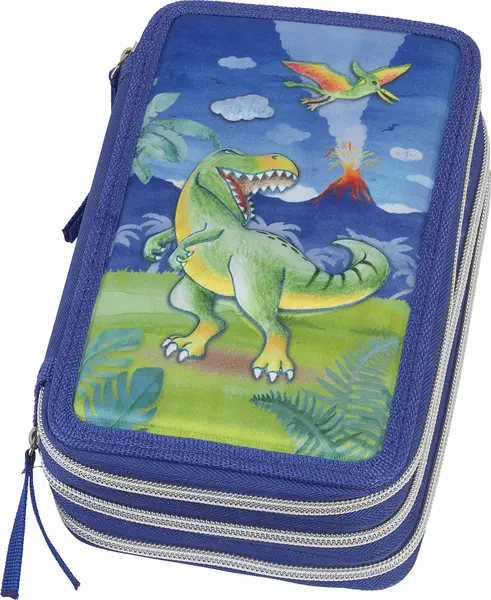 Penar cu accesorii Faber-Castell - Dinozaur, cu 3 fermoare