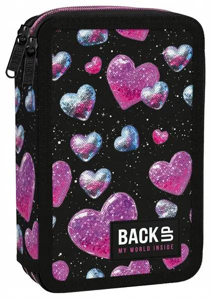 Penar cu rechizite BackUp 8 DW - Glitter Hearts, 2 fermoare