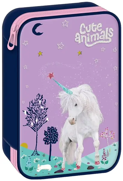Penar de școală Ars Una Cute Animals - Unicorn, 1 fermoar pe 2 niveluri