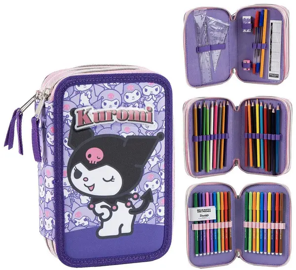 Penar echipat Cerda Hello Kitty - Kuromi, 3 compartimente cu fermoar