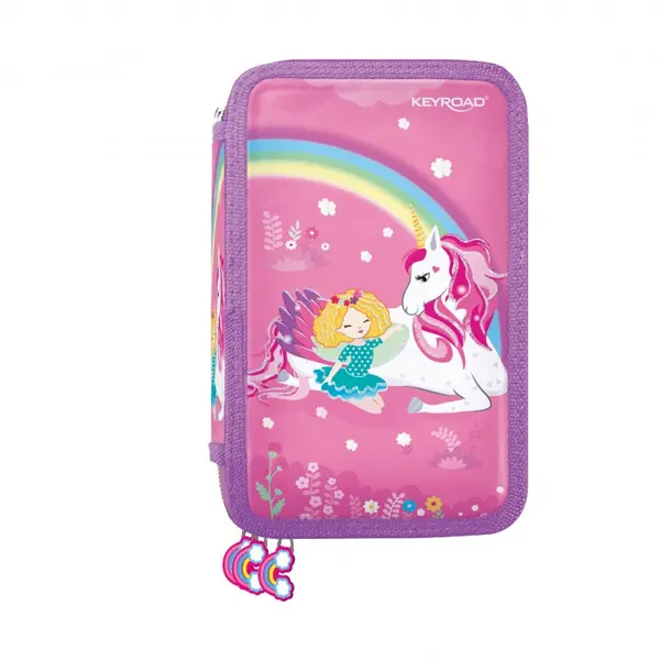 Penar echipat cu 3 compartimente, roz,design unicorn, 20x14x6 cm