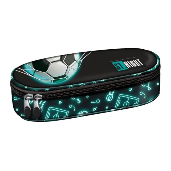 Penar neechipat St. Majewski St. Right Neon Football, 1 compartiment, 1 extensie, negru cu bleu, oval, 24 x 10 x 6 cm