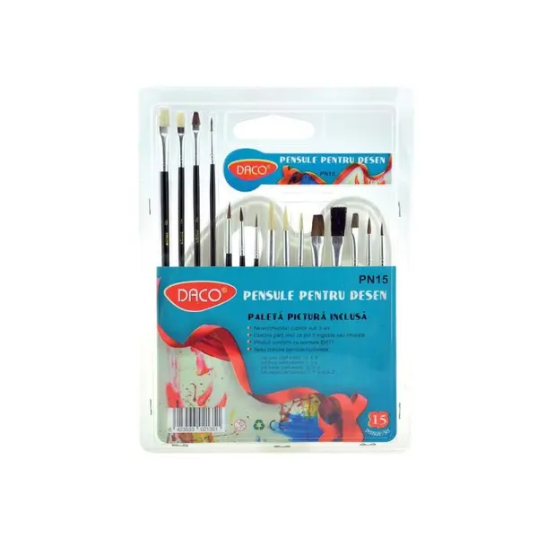 Pensula par sintetic 15buc/set, varf rotund si drept, paleta inclusa, Daco