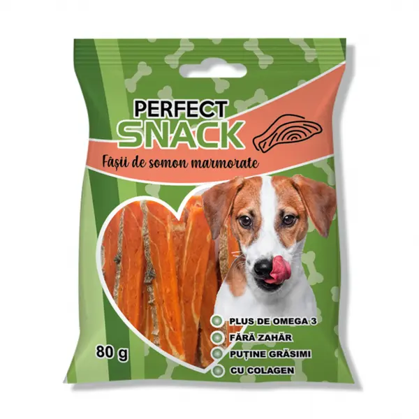 Perfect Snack, recompense delicioase pentru caini, Fasii de somon marmorate, 80 g