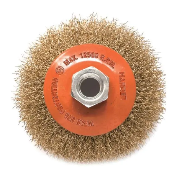 Perie Conica Sarma, 100 mm, Profesional, Harden, Prindere M10 x 1.5, Diametru Sarma 0.3, Piulita M14 x 2
