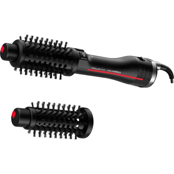 Perie rotativa cu aer cald Rowenta Karl Lagerfeld Pro Stylist CF961LF0, 750W, generator de ioni, invelis exclusiv Keratin & Glow, tehnologie Pro Dual Motion, cablu 1.8m, negru & rosu