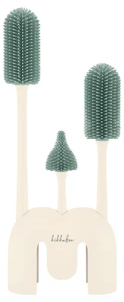 Perii pentru sticle KikkaBoo - Platinum Silicone, 3 bucăți cu suport, Sage