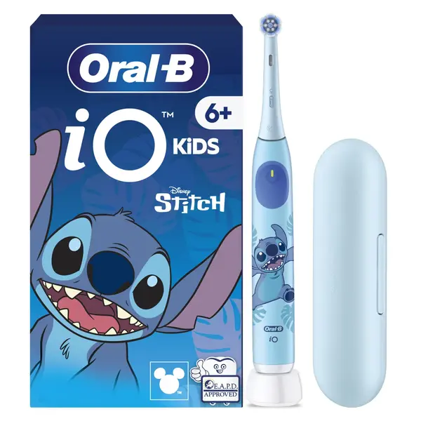 Periuta de dinti electrica Oral-B iO Kids Disney Stitch, 1 Capat de periaj, 1 Trusa de calatorie, 3 moduri, Modul sensibil prietenos pentru copii,