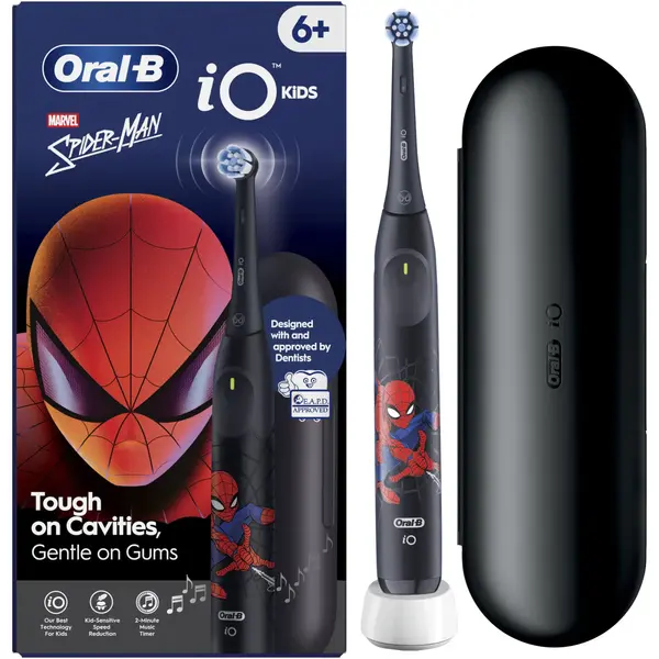 Periuta de dinti electrica Oral-B iO Kids Marvel Spiderman, 1 capat de periaj, 1 trusa de calatorie, 3 moduri cu modul sensibil prietenos pentru