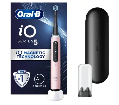 Periuta de dinti electrica Oral-B iO5 cu Tehnologie Magnetica si Micro-Vibratii, Inteligenta artificiala, Display conversational, Senzor de presiune Smart, 5 moduri, 1 capat, Trusa de calatorie (Roz)