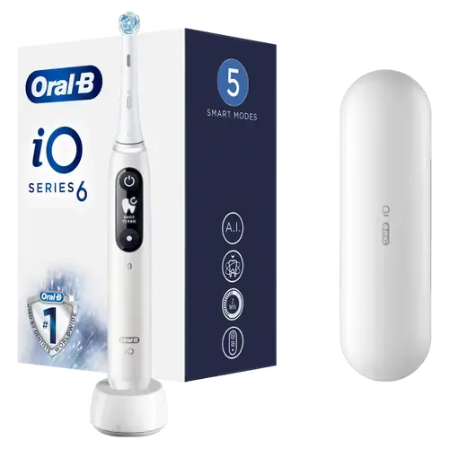 Periuta de dinti electrica Oral-B iO6 cu Tehnologie Magnetica si Micro-Vibratii, Inteligenta artificiala, Display led interactiv, Senzor de presiune Smart, Timer vizibil, 5 moduri, 1 capat, Trusa de calatorie, Alb