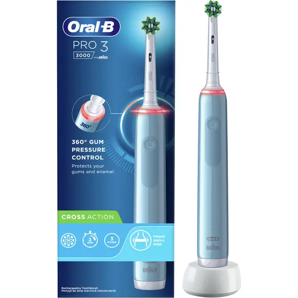 Periuta de dinti electrica Oral-B Pro 3 Cross Action, 3 programe, Timer, Senzor presiune, Albastru deschis