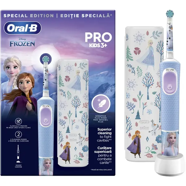 Periuta de dinti electrica Oral-B Pro Kids Frozen pentru copii, Curatare 2D, 2 programe, 1 capat, 4 autocolante, trusa de calatorie, Albastru