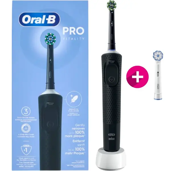 Periuta de dinti electrica Oral-B Vitality Pro, Curatare 2D, 3 programe, 1 Incarcator, 2 rezerve, Negru