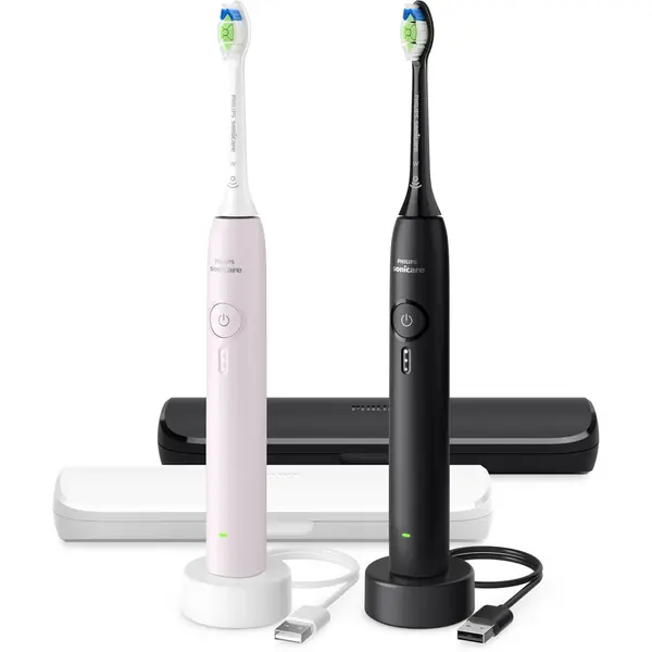 Periuta de dinti electrica Philips Sonicare 3100, 2 capete, 2 manere, 1 mod, Negru/Roz deschis