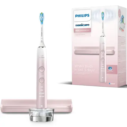 Periuta de dinti electrica Philips Sonicare DiamondClean 9000 HX9911/84, 62000 miscari/min, 4 moduri de curatare, 3 nivele intensitate, senzor presiune, functia BrushSync, aplicatie Sonicare, wireless Bluetooth, toc transport, baza de incarcare, Roz