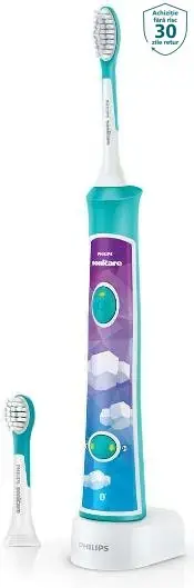 Periuta de dinti electrica Philips Sonicare Kids HX6322/04, Conectivitate Bluetooth® cu aplicatie de consiliere, 2 capete, 8 etichete de personalizare, Alb/Albastru