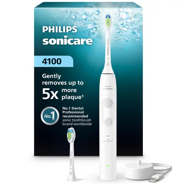 Periuta de dinti electrica Philips Sonicare Seria 4100 HX4042/41, 31000 miscari/min, Senzor presiune, Cronometru, 2 moduri, 2 capete, Alb