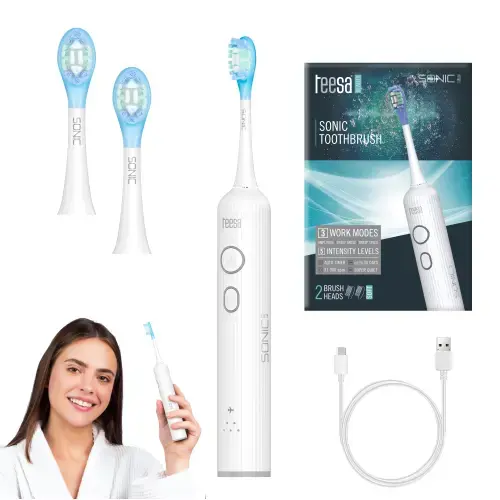Periuta de dinti electrica Teesa Sonic Elite, 31.000 miscari pe minut, set cu 2 capete schimbabile, Alb