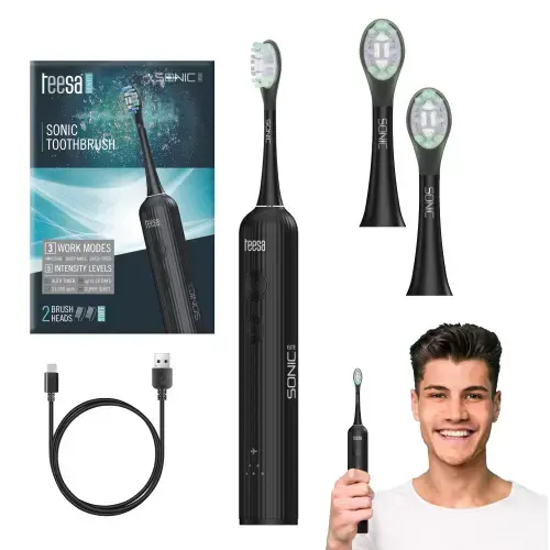 Periuta de dinti electrica Teesa Sonic Elite, 31.000 miscari pe minut, waterproof, set cu 2 capete, Negru