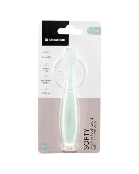 Periuta de dinti pentru bebelusi KikkaBoo Softy Mint din silicon,recomandata de la 6 luni, cu ventuza pentru fixare pe chiuveta,Fara BPA