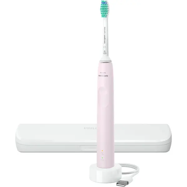 Periuta de dinti sonica electrica Philips Sonicare Seria 3100 HX3673/11, 31000 miscari/minut, Indicator baterie, Senzor presiune, Toc transport, Roz pal