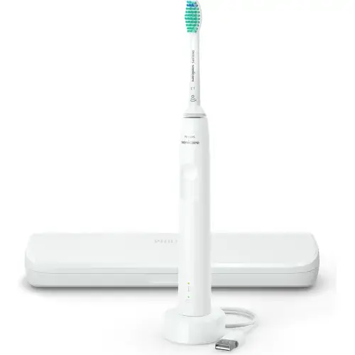 Periuta de dinti sonica electrica Philips Sonicare Seria 3100 HX3673/13, 31000 miscari/minut, 1 mod de curatare, senzor presiune, functia BrushSync, 1 cap de periere, toc de transport, Alb